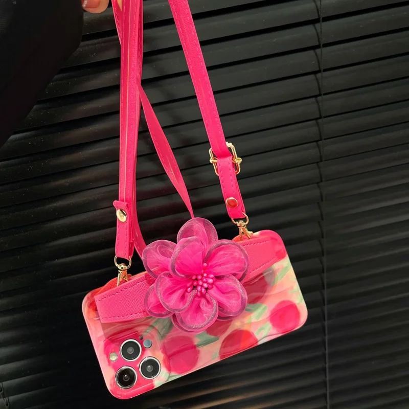 For iPhone 14 Pro Pattern TPU Case Gauze Flower Leather Wristband Phone Cover with Shoulder Strap