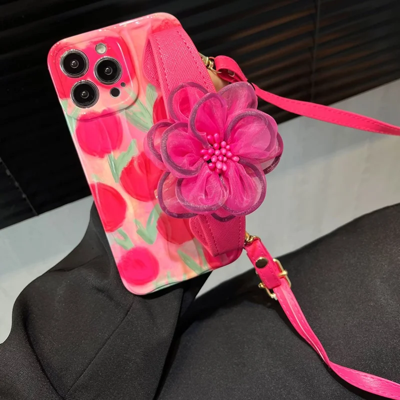 For iPhone 14 Pro Pattern TPU Case Gauze Flower Leather Wristband Phone Cover with Shoulder Strap