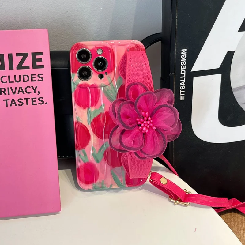 For iPhone 14 Pro Pattern TPU Case Gauze Flower Leather Wristband Phone Cover with Shoulder Strap