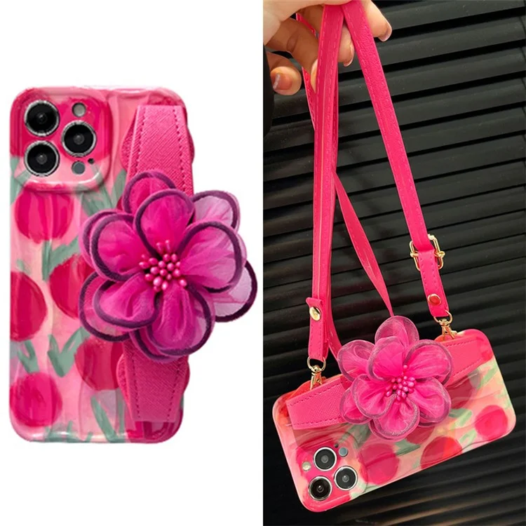 Para iPhone 13 Pro Shoulder Strap Phone Case Pattern TPU Cover com Gauze Flower Leather Wristband