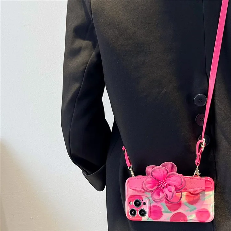 Para iPhone 13 Pro Shoulder Strap Phone Case Pattern TPU Cover com Gauze Flower Leather Wristband