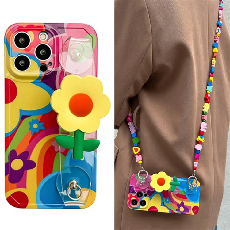 Per iPhone 12 Pro Fiore Decor Clear Wristband TPU Case Pattern Printed Phone Cover con Tracolla