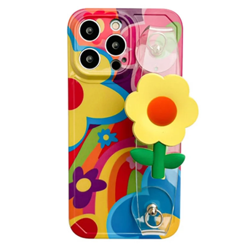 Per iPhone 14 Pro Max Phone TPU Case Flower Decor Clear Wristband Printed Phone Cover with Shoulder Strap
