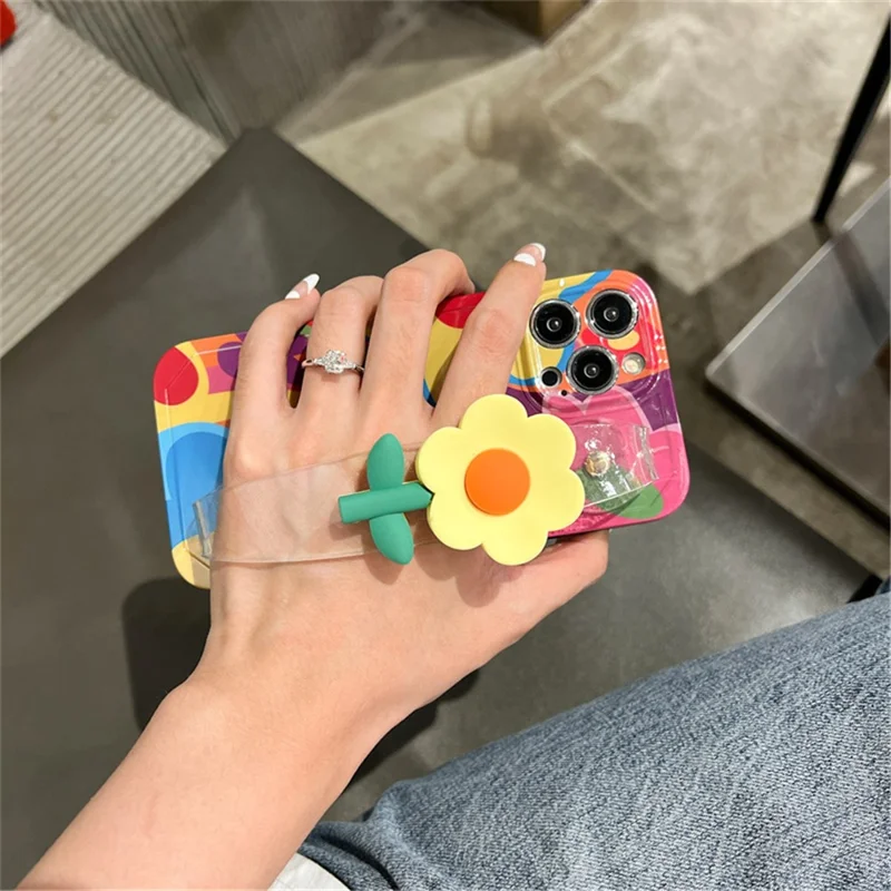 Per iPhone 14 Pro Max Phone TPU Case Flower Decor Clear Wristband Printed Phone Cover with Shoulder Strap