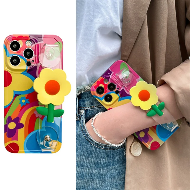 For iPhone 14 Pro Max Pattern Printed TPU Case Flower Decor Transparent Wristband Phone Cover
