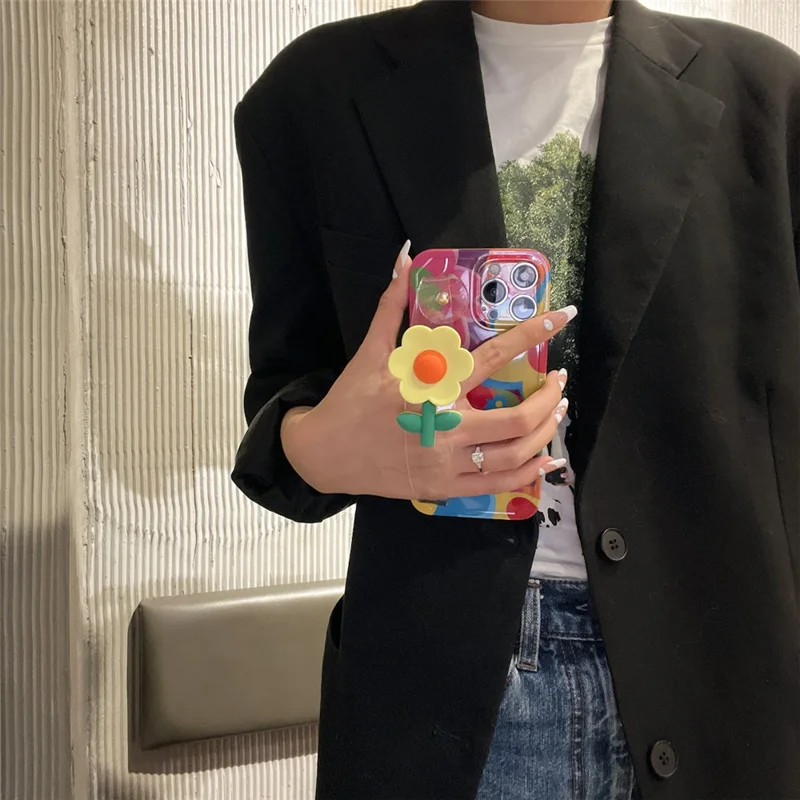 For iPhone 14 Pro Max Pattern Printed TPU Case Flower Decor Transparent Wristband Phone Cover