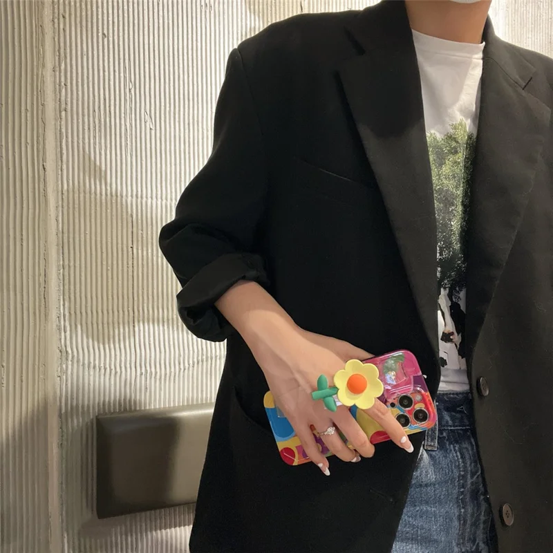 For iPhone 14 Pro Max Pattern Printed TPU Case Flower Decor Transparent Wristband Phone Cover