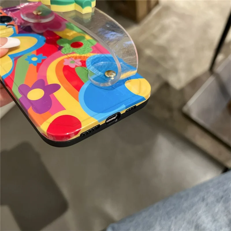 For iPhone 14 Pro Max Pattern Printed TPU Case Flower Decor Transparent Wristband Phone Cover