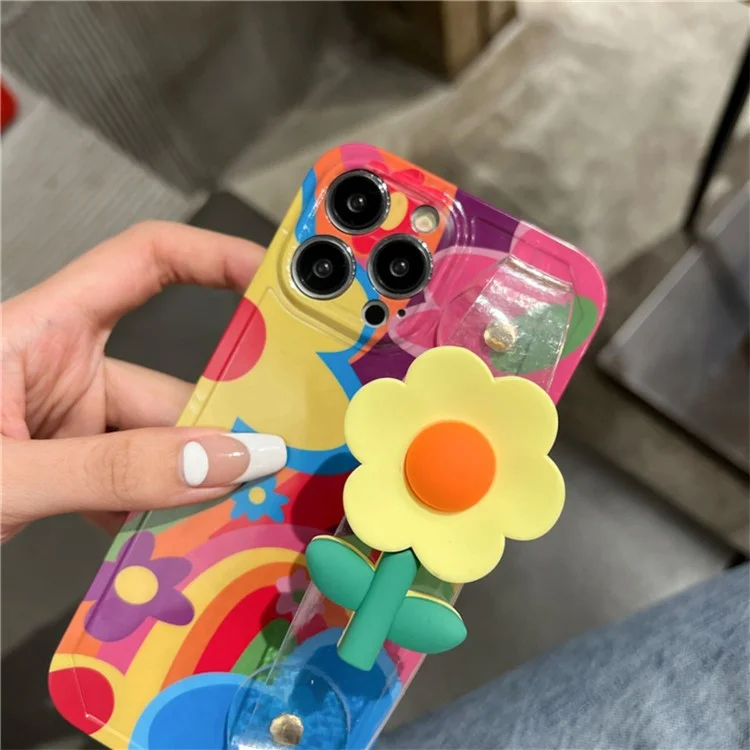 For iPhone 12 Pro TPU Phone Case Pattern Printed Phone Cover with Flower Decor Transparent Wristband