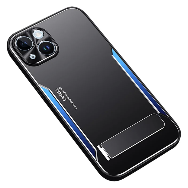 For iPhone 14 Plus Anti-scratch Phone Cover TPU+Aluminium Alloy Back Case with Kickstand - Blue
