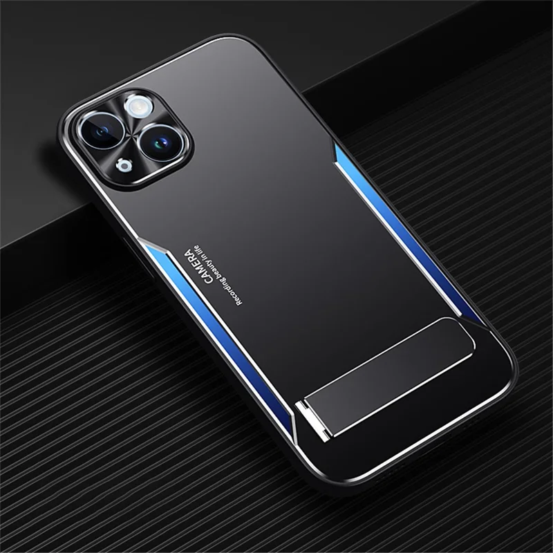 For iPhone 14 Plus Anti-scratch Phone Cover TPU+Aluminium Alloy Back Case with Kickstand - Blue