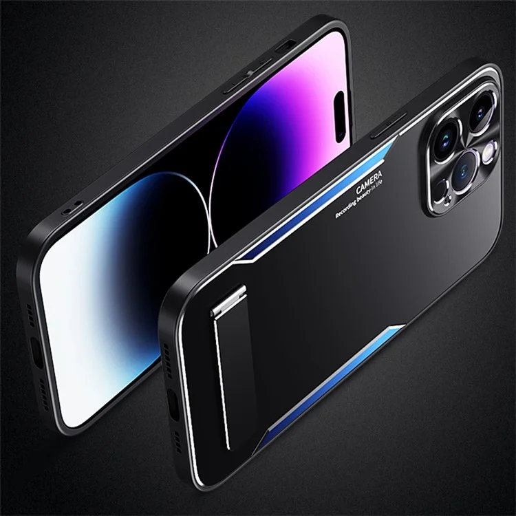 Per iPhone 14 Pro Max Soft TPU + Hard Aluminium Alloy Phone Cover Kickstand Phone Case Smartphone Shell - Blu