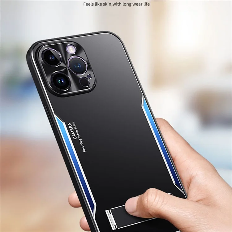 Per iPhone 14 Pro Max Soft TPU + Hard Aluminium Alloy Phone Cover Kickstand Phone Case Smartphone Shell - Blu