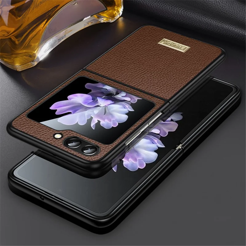 SULADA For Samsung Galaxy Z Flip5 5G Slim-Fit Phone Case PU Leather Coated PC + TPU Litchi Texture Cover - Coffee
