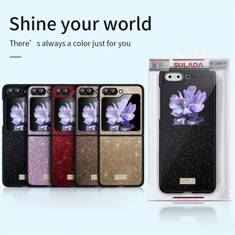 SULADA For Samsung Galaxy Z Flip5 5G Glitter Sequins Shiny Case PU Leather Coated PC + TPU Anti Slip Shockproof Cover - Gold