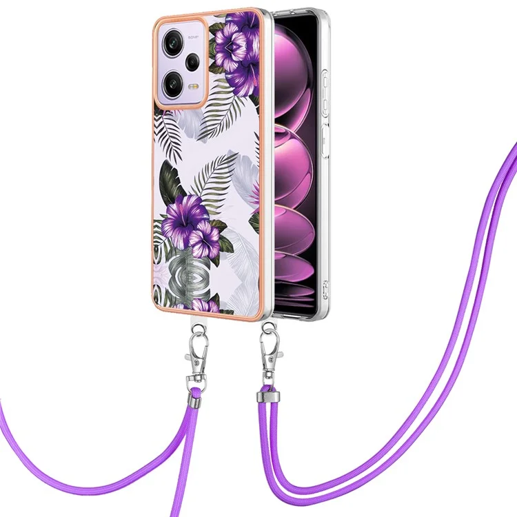 For Xiaomi Redmi Note 12 Pro 5G / Note 12 Pro Speed 5G / Poco X5 Pro 5G Case with Lanyard IMD Marble Pattern TPU Back Cover - Purple Flowers