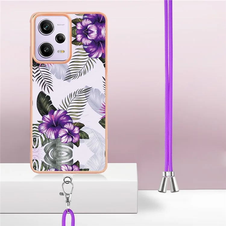 For Xiaomi Redmi Note 12 Pro 5G / Note 12 Pro Speed 5G / Poco X5 Pro 5G Case with Lanyard IMD Marble Pattern TPU Back Cover - Purple Flowers