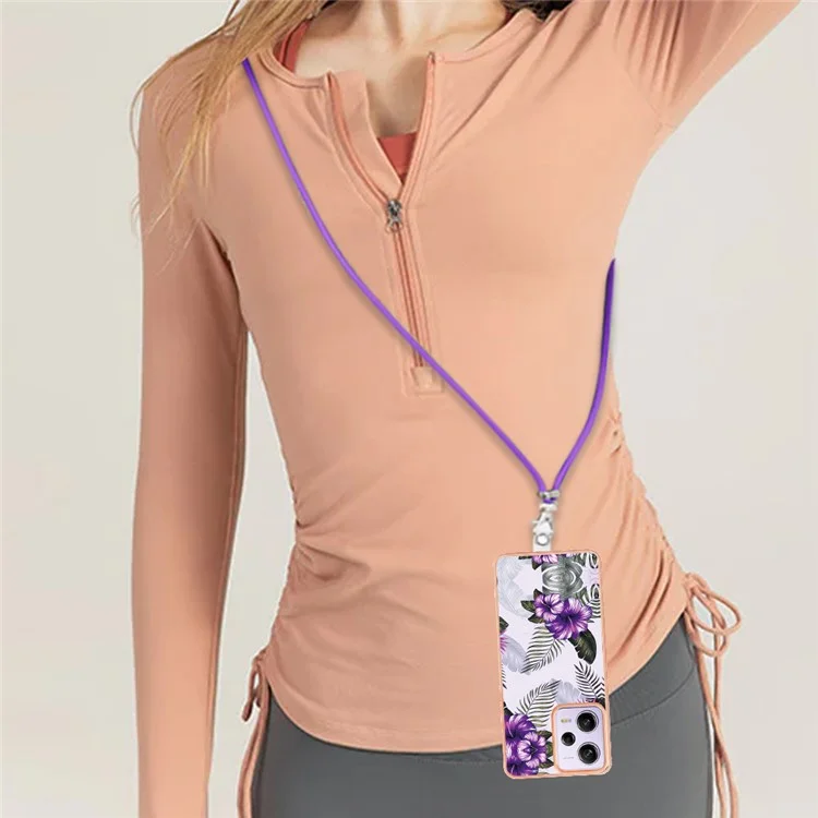 For Xiaomi Redmi Note 12 Pro 5G / Note 12 Pro Speed 5G / Poco X5 Pro 5G Case with Lanyard IMD Marble Pattern TPU Back Cover - Purple Flowers