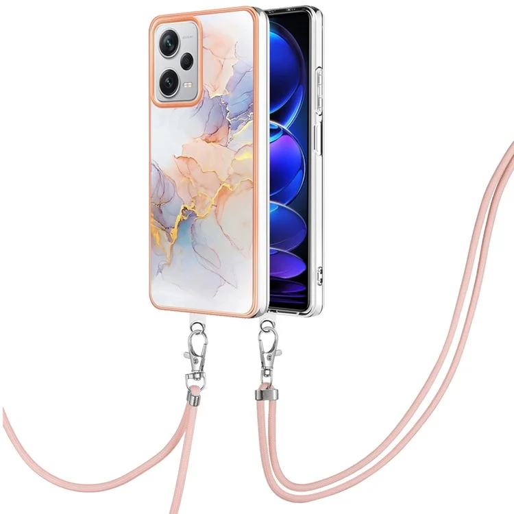 For Xiaomi Redmi Note 12 Pro+ 5G Case with Lanyard IMD Marble Pattern Electroplated TPU Back Cover - Milky Way Marble White