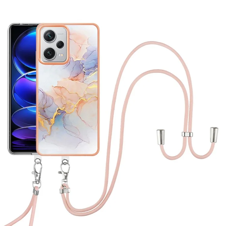For Xiaomi Redmi Note 12 Pro+ 5G Case with Lanyard IMD Marble Pattern Electroplated TPU Back Cover - Milky Way Marble White