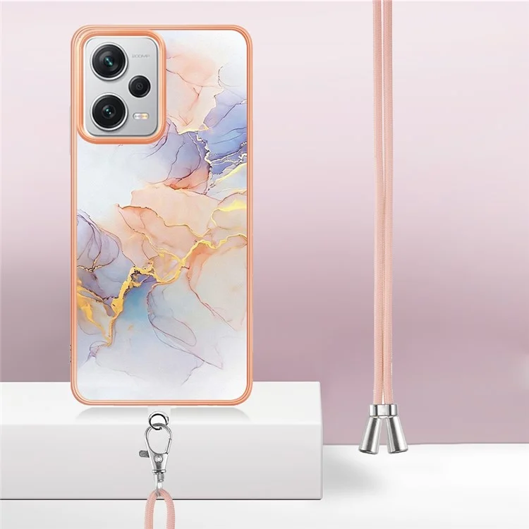 For Xiaomi Redmi Note 12 Pro+ 5G Case with Lanyard IMD Marble Pattern Electroplated TPU Back Cover - Milky Way Marble White