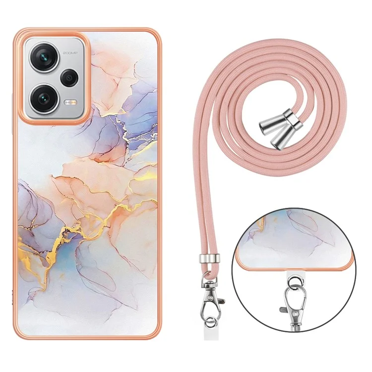 For Xiaomi Redmi Note 12 Pro+ 5G Case with Lanyard IMD Marble Pattern Electroplated TPU Back Cover - Milky Way Marble White