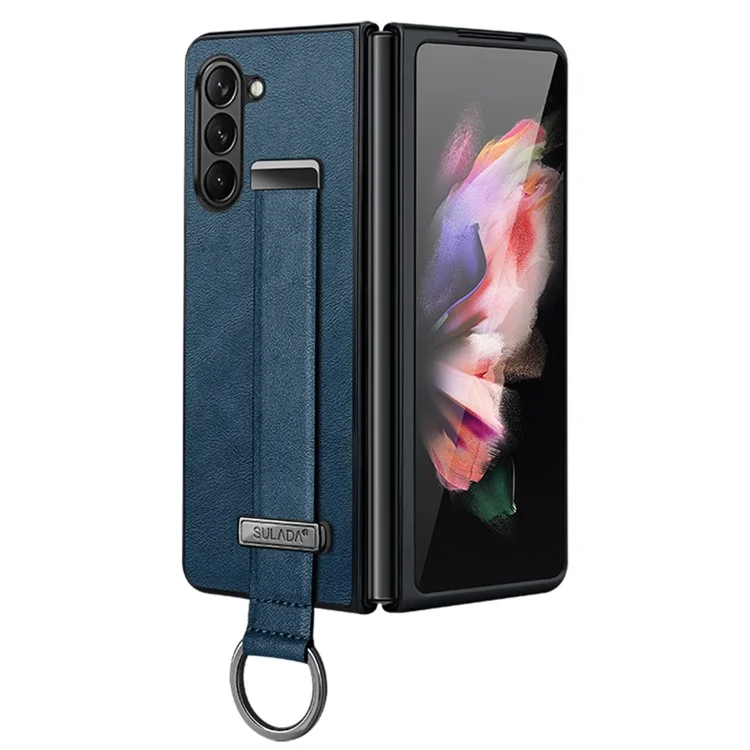 SULADA Fashion Series para Samsung Galaxy Z Fold5 5G Pulseira Suporte de Telefone Caso Cobertura de Couro PC - Azul