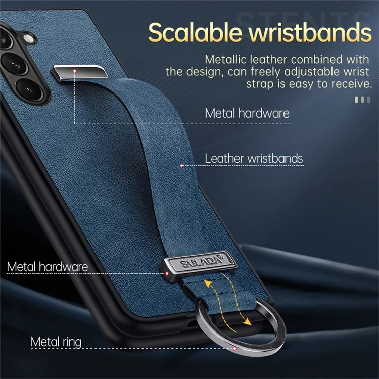 SULADA Fashion Series para Samsung Galaxy Z Fold5 5G Pulseira Suporte de Telefone Caso Cobertura de Couro PC - Azul