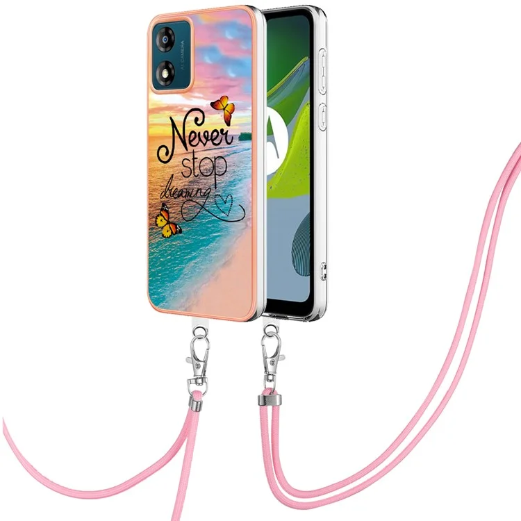 For Motorola Moto E13 4G Case with Lanyard IMD Marble Pattern Electroplated TPU Back Cover - Never Stop Dreaming