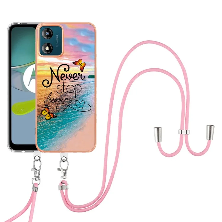 For Motorola Moto E13 4G Case with Lanyard IMD Marble Pattern Electroplated TPU Back Cover - Never Stop Dreaming