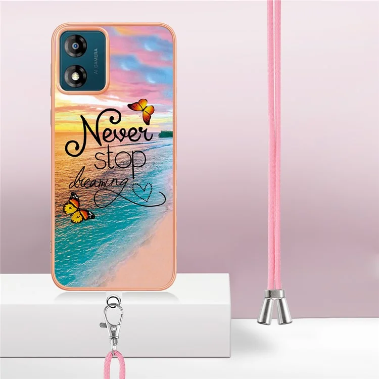 For Motorola Moto E13 4G Case with Lanyard IMD Marble Pattern Electroplated TPU Back Cover - Never Stop Dreaming