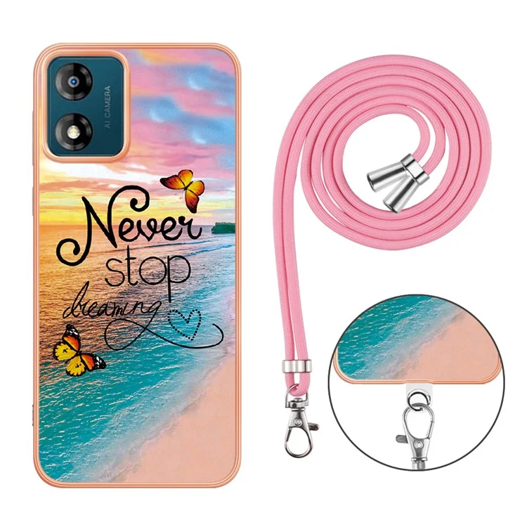 For Motorola Moto E13 4G Case with Lanyard IMD Marble Pattern Electroplated TPU Back Cover - Never Stop Dreaming