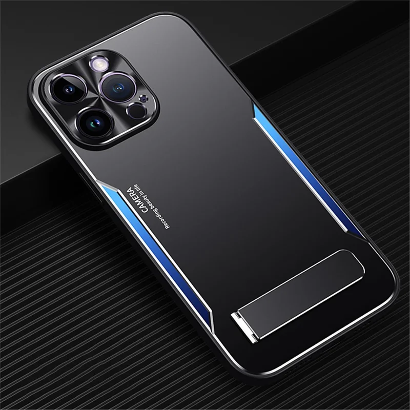TPU+Aluminium Alloy Phone Case for iPhone 14 Pro Anti-drop Kickstand Back Cover - Blue