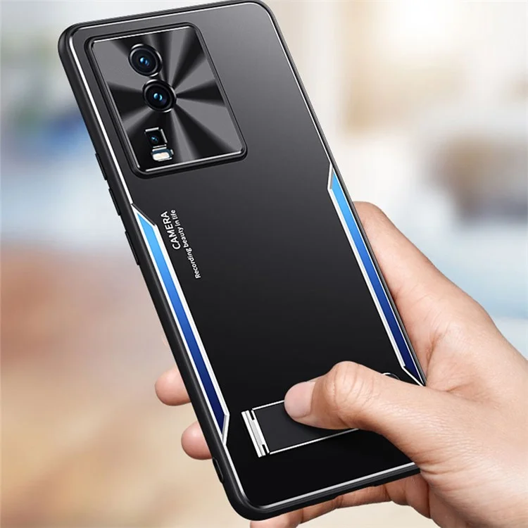 Per vivo iQOO Neo7 5G Kickstand Phone Cover TPU + Lega di Alluminio Anti-Impronta Digitale Phone Case - Blu