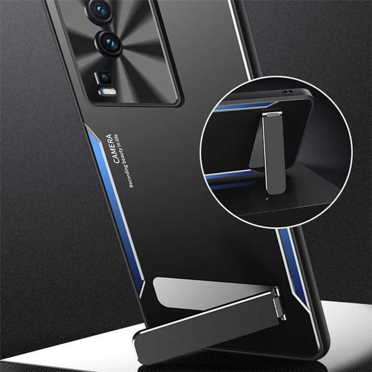 Per vivo iQOO Neo7 5G Kickstand Phone Cover TPU + Lega di Alluminio Anti-Impronta Digitale Phone Case - Blu
