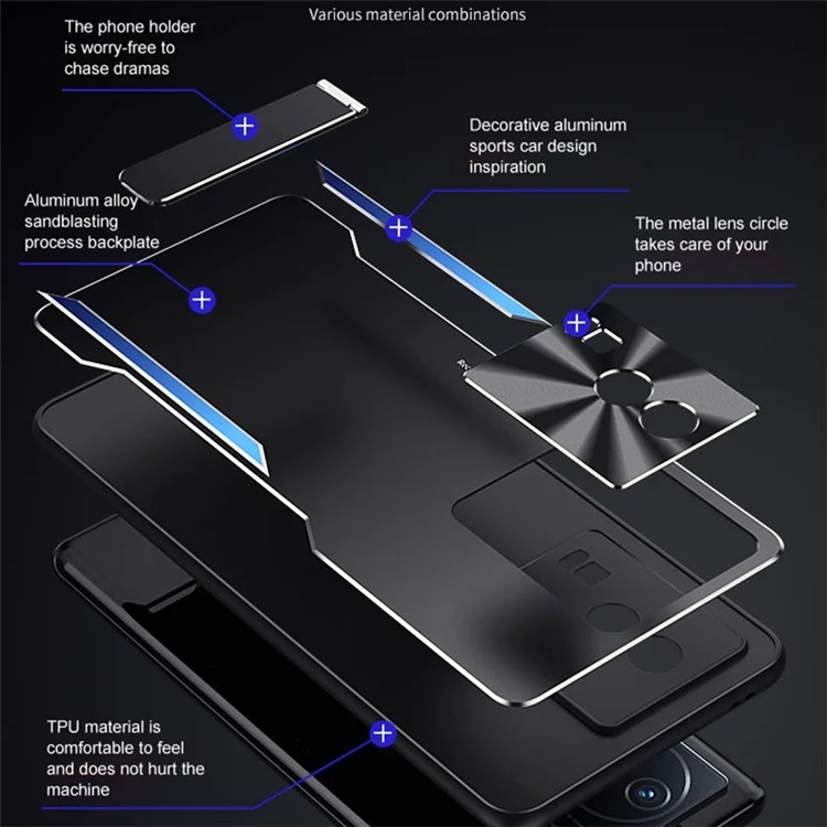 Per vivo iQOO Neo7 5G Kickstand Phone Cover TPU + Lega di Alluminio Anti-Impronta Digitale Phone Case - Blu