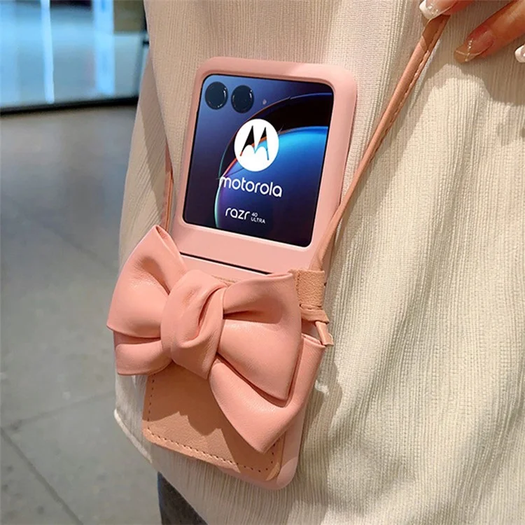 For Motorola Razr 40 Ultra 5G Crossbody Phone Case Bowknot Decor Leather Coated PC Cover with Shoulder Strap