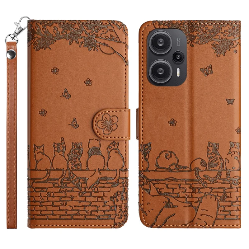 Für Xiaomi Poco F5 5G / Redmi Note 12 Turbo Handyhülle mit Geldbörse, PU-Leder, Wandkatzen-Prägung, Ständer, mit Trageschlaufe - Braun