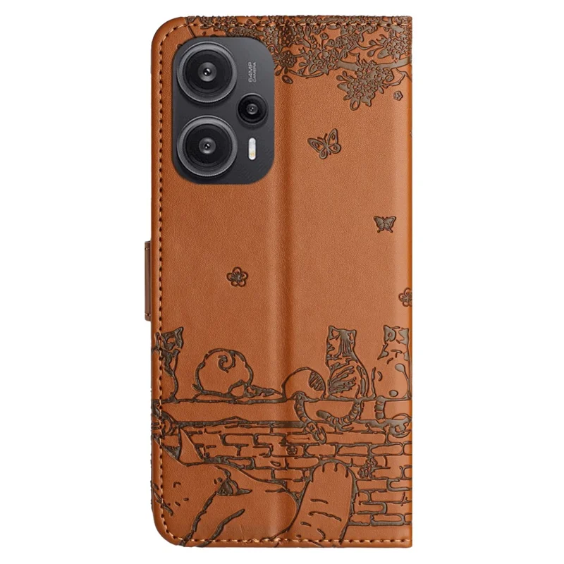 Für Xiaomi Poco F5 5G / Redmi Note 12 Turbo Handyhülle mit Geldbörse, PU-Leder, Wandkatzen-Prägung, Ständer, mit Trageschlaufe - Braun