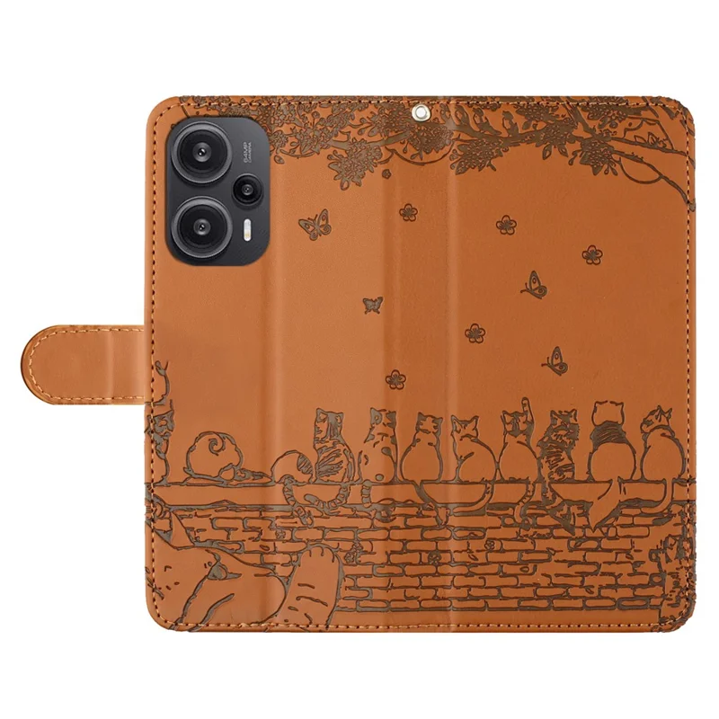 Für Xiaomi Poco F5 5G / Redmi Note 12 Turbo Handyhülle mit Geldbörse, PU-Leder, Wandkatzen-Prägung, Ständer, mit Trageschlaufe - Braun