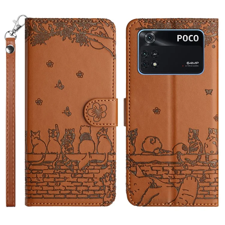 Wall Cats Imprinted Phone Case für Xiaomi Poco M4 Pro 4G, Stand PU-Leder Brieftasche Cover mit Riemen - Braun