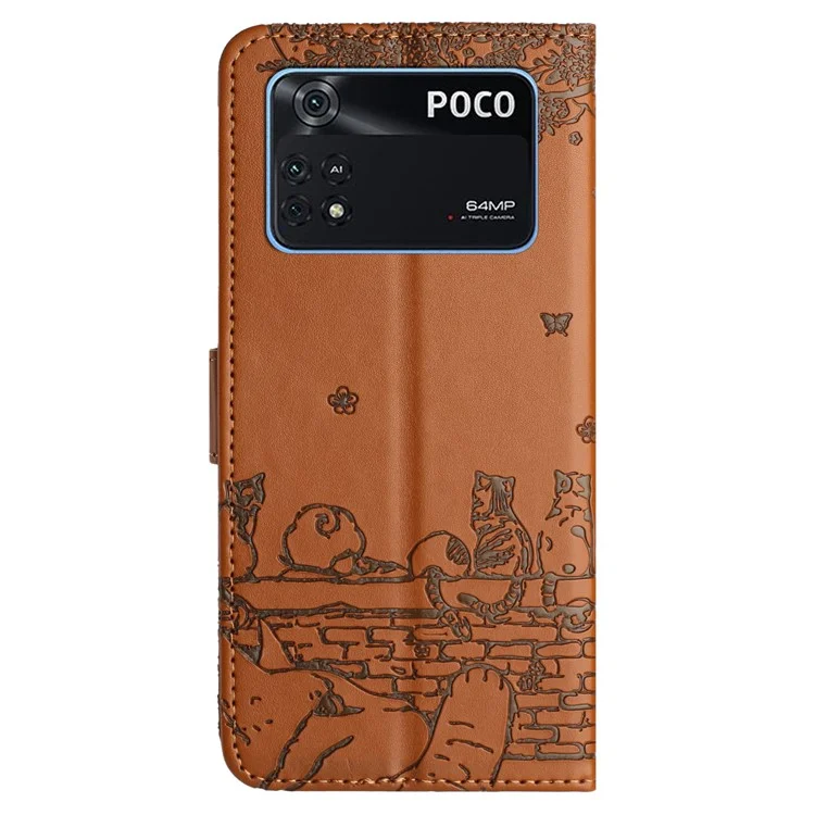 Wall Cats Imprinted Phone Case für Xiaomi Poco M4 Pro 4G, Stand PU-Leder Brieftasche Cover mit Riemen - Braun