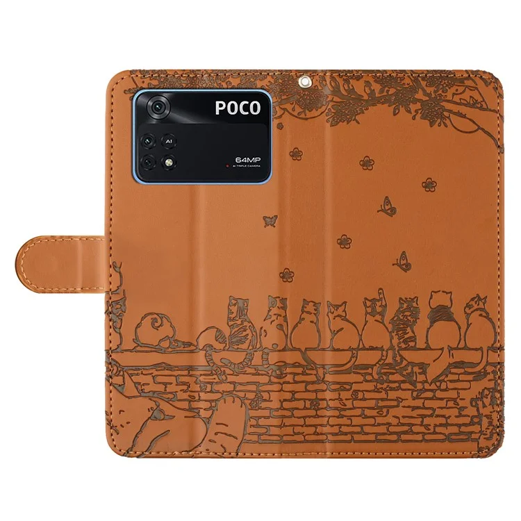 Wall Cats Imprinted Phone Case für Xiaomi Poco M4 Pro 4G, Stand PU-Leder Brieftasche Cover mit Riemen - Braun