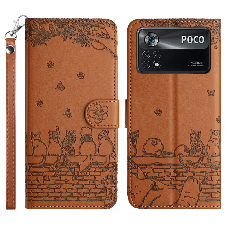 For Xiaomi Poco X4 Pro 5G PU Leather Phone Case Wall Cats Imprinted Stand Wallet Phone Cover with Strap - Brown