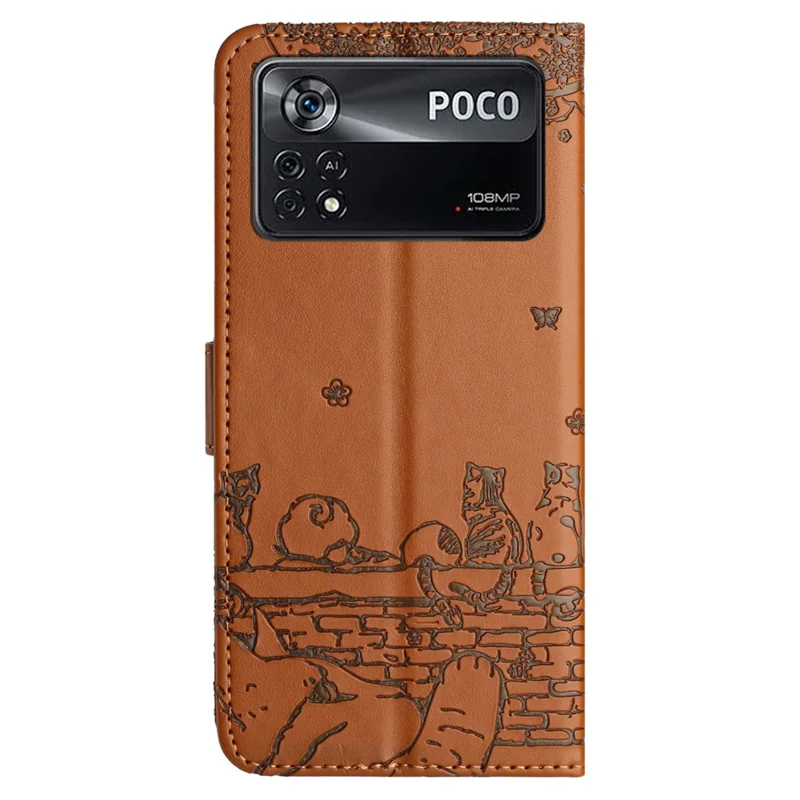 For Xiaomi Poco X4 Pro 5G PU Leather Phone Case Wall Cats Imprinted Stand Wallet Phone Cover with Strap - Brown