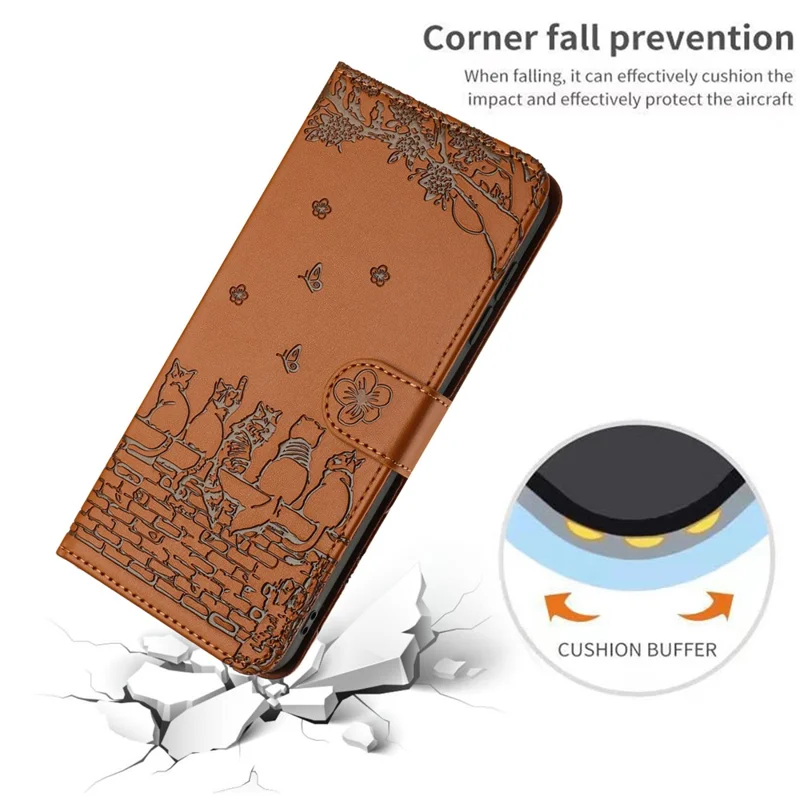 For Xiaomi Poco X4 Pro 5G PU Leather Phone Case Wall Cats Imprinted Stand Wallet Phone Cover with Strap - Brown