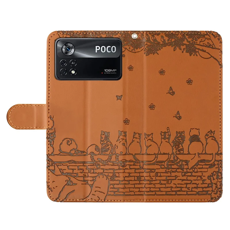 For Xiaomi Poco X4 Pro 5G PU Leather Phone Case Wall Cats Imprinted Stand Wallet Phone Cover with Strap - Brown