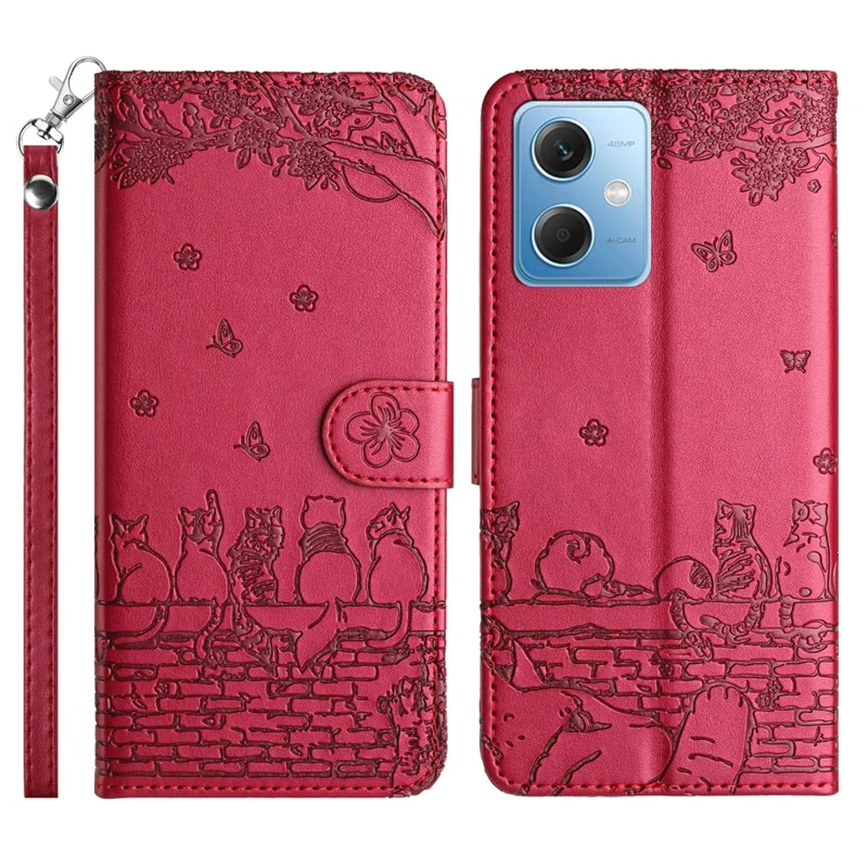 For Xiaomi Redmi Note 12 5G (China) / (India) / (Global) / Poco X5 5G Stand Wallet Leather Case Imprinted Phone Cover with Strap - Red