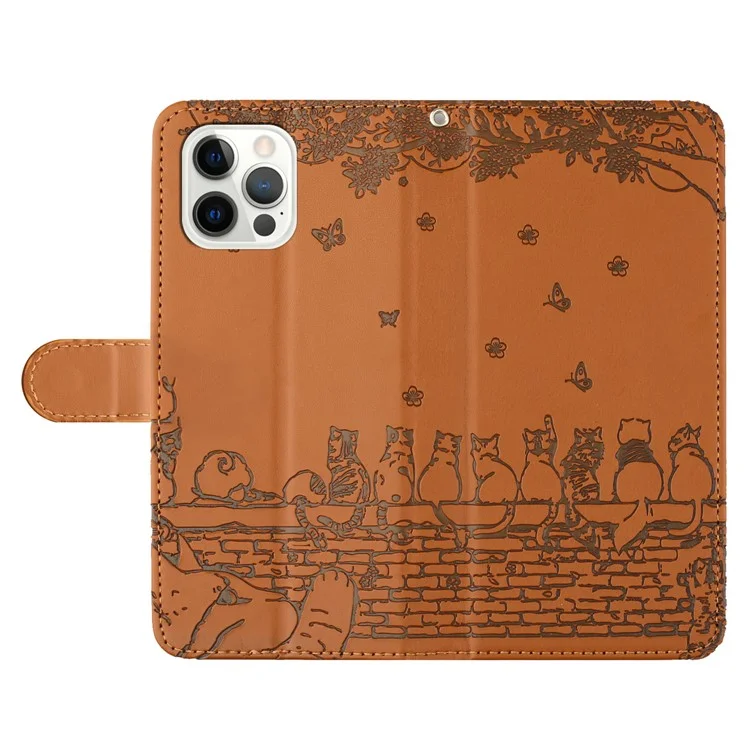 Pour iPhone 15 Pro Max Wall Cats Imprinted PU Leather Stand Phone Cover Wallet Case with Strap - Brown