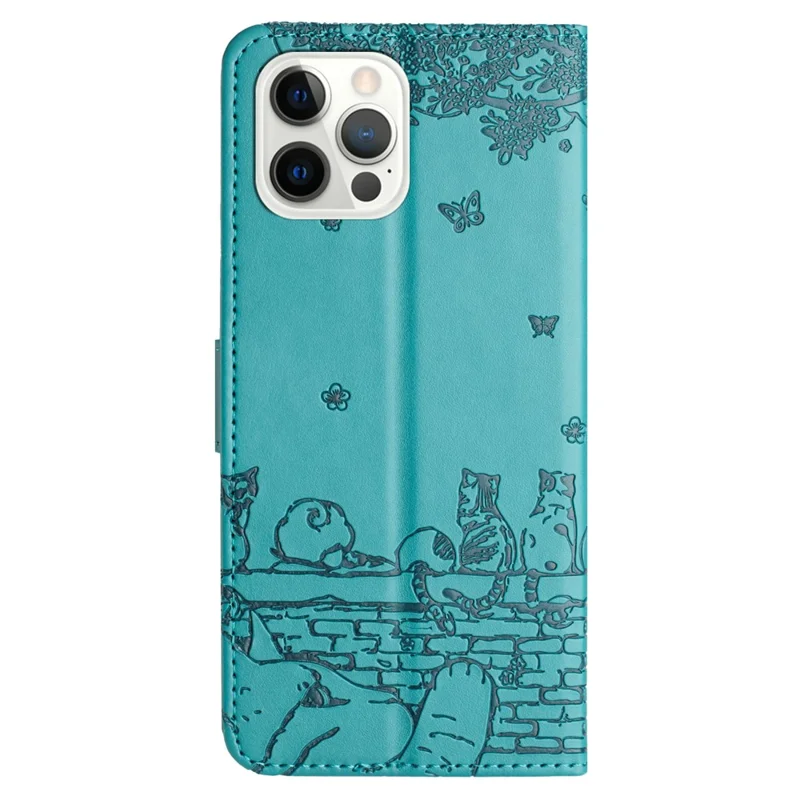 Para iPhone 15 Pro Max Wall Cats Imprinted PU Leather Stand Phone Cover Wallet Case with Strap - Blue